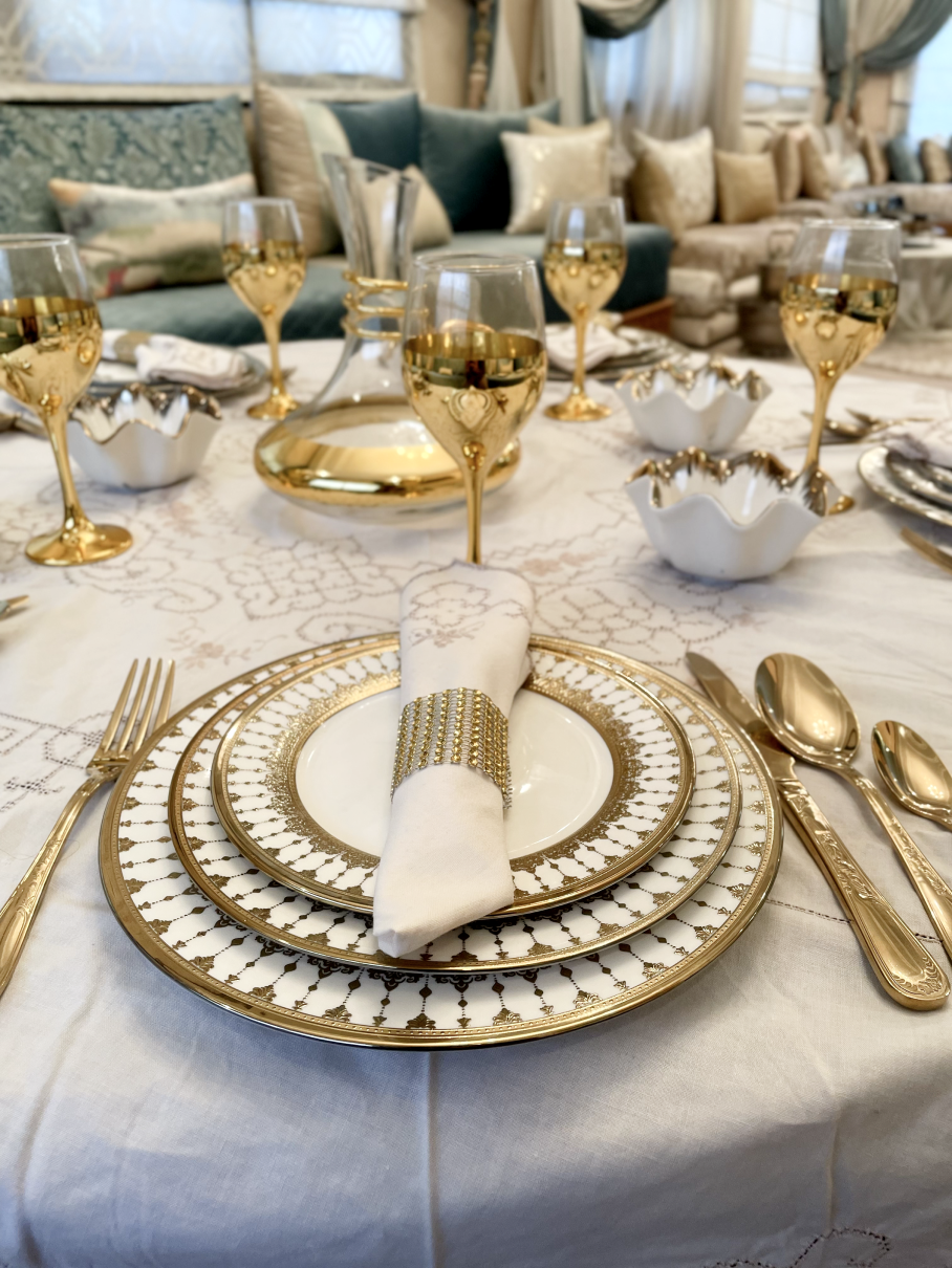 Ensemble de 36 Assiettes à Dîner Blanc et Or - Variation I