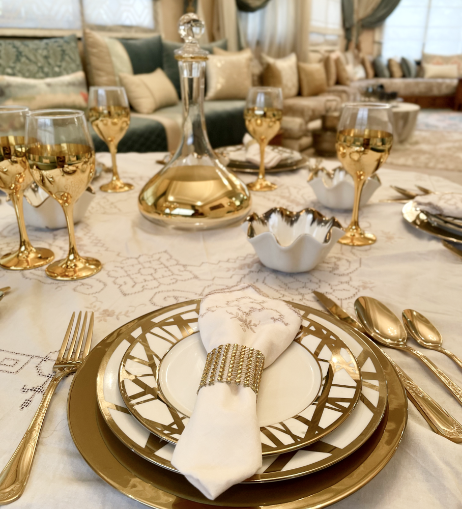 Ensemble de 36 Assiettes à Dîner Blanc et Or - Variation II