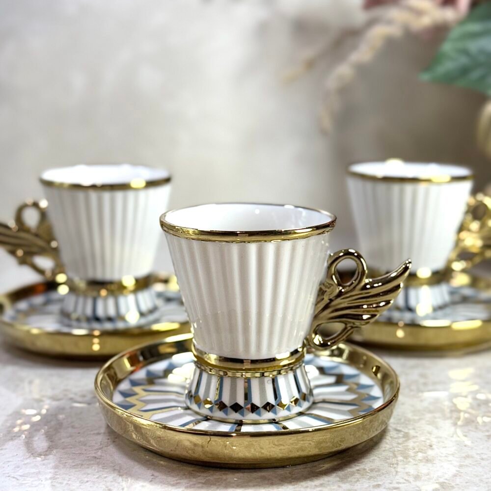 Ensemble de 6 Tasses à Café Cygne avec Sous-Tasses – Blanc et Doré, Motifs Gris et Bleu