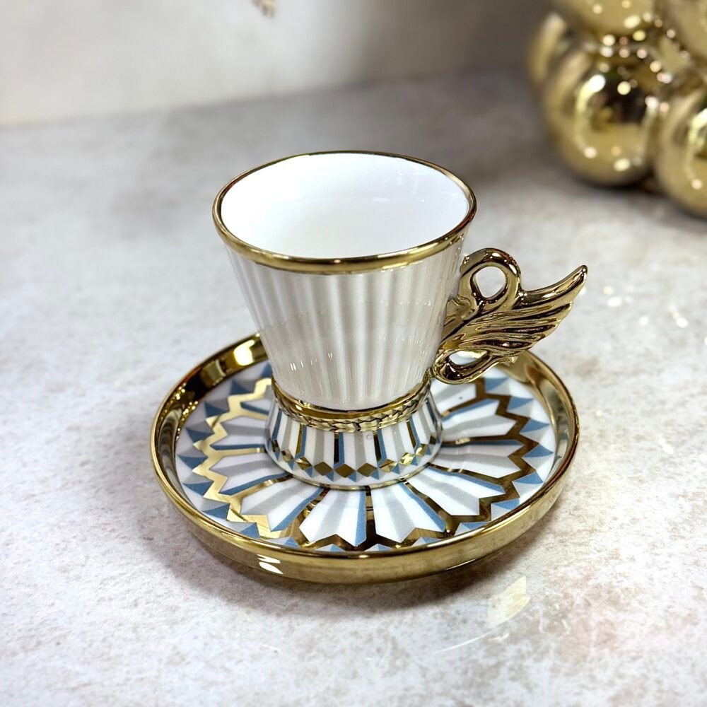 Ensemble de 6 Tasses à Café Cygne avec Sous-Tasses – Blanc et Doré, Motifs Gris et Bleu