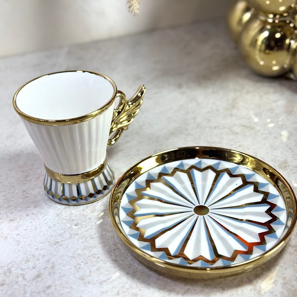 Ensemble de 6 Tasses à Café Cygne avec Sous-Tasses – Blanc et Doré, Motifs Gris et Bleu