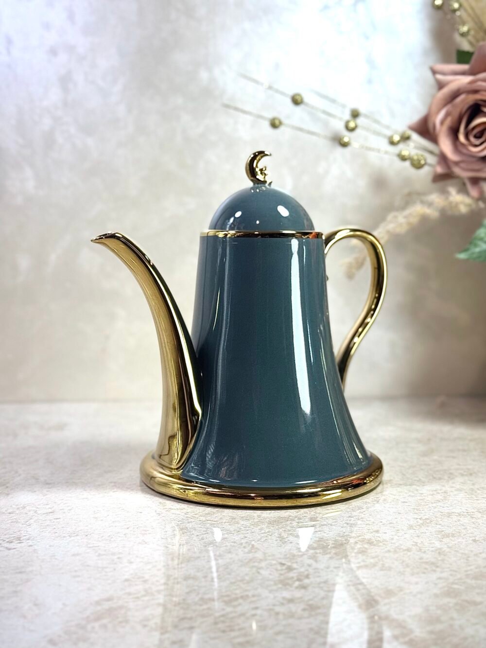 Ensemble Café Élégant Gris et Doré – 6 Tasses, Cafetière et Plateau Personnalisé