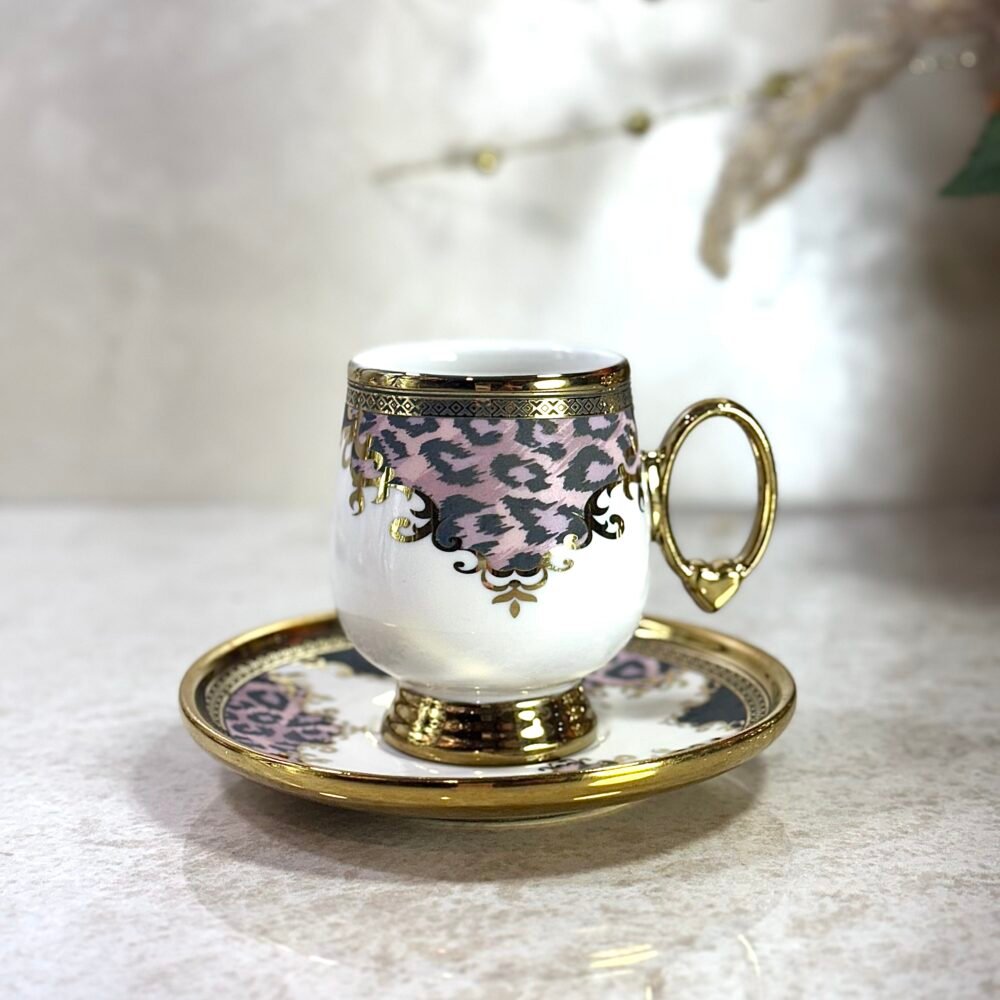Ensemble de 6 Tasses à Café avec Sous-Tasses – Blanc et Doré, Motif Panthère Rose et Grise