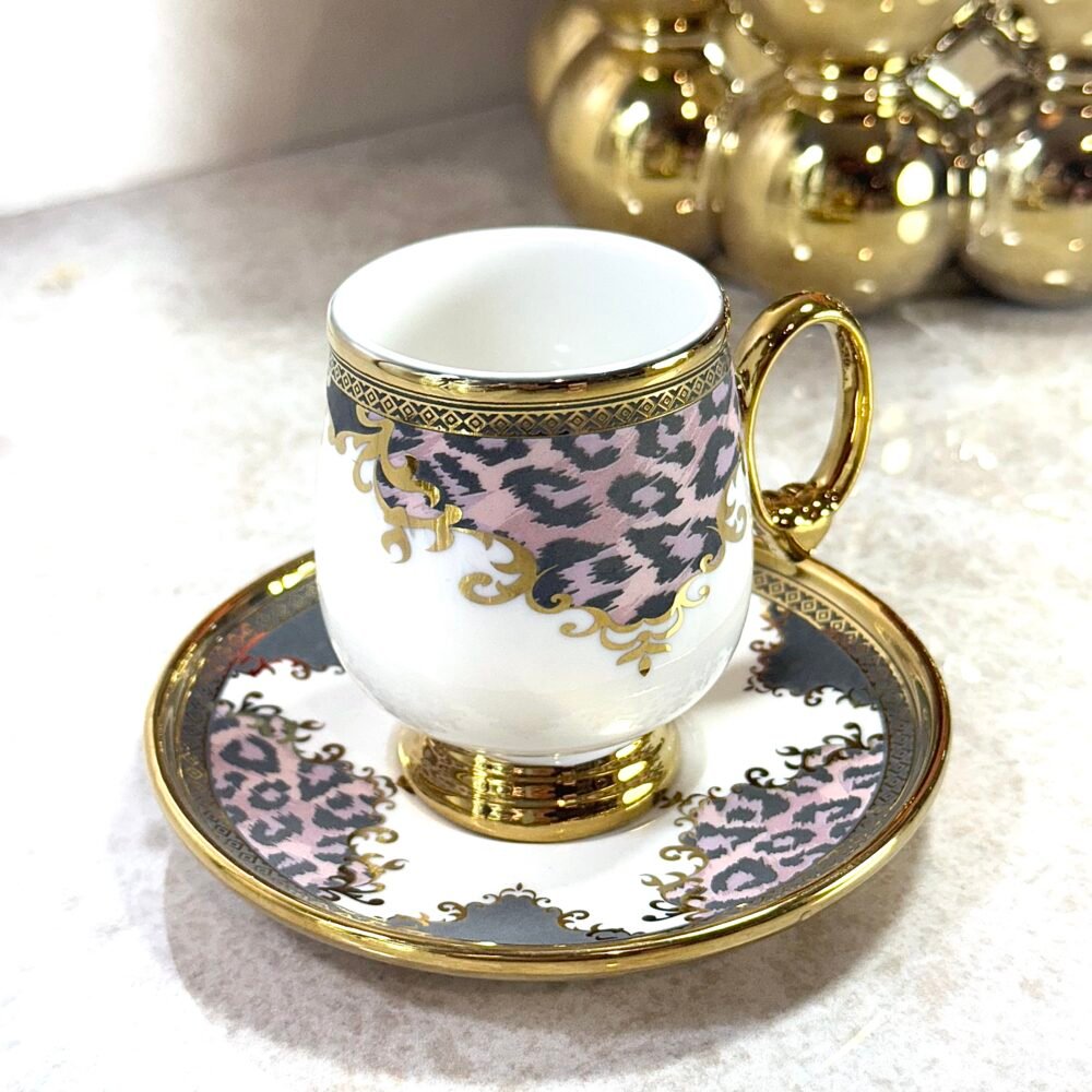 Ensemble de 6 Tasses à Café avec Sous-Tasses – Blanc et Doré, Motif Panthère Rose et Grise