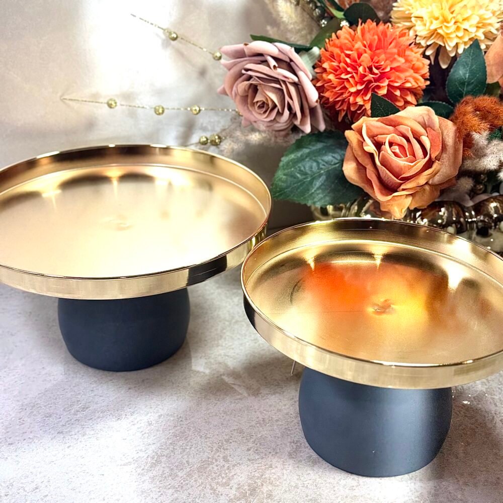 Ensemble de 2 Présentoirs Ronds Gris et Doré – Élégance pour Table et Décoration