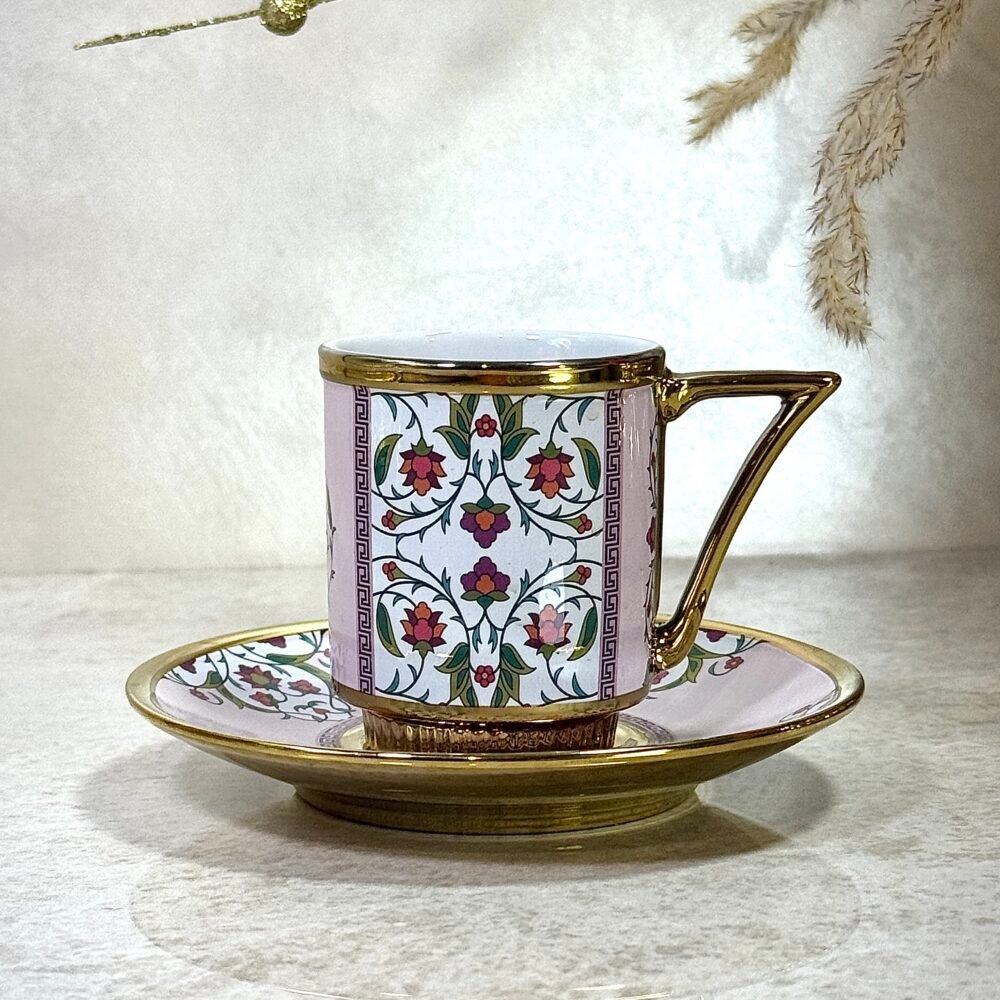 Ensemble de 6 Tasses et Sous-Tasses Antiques – Rose avec Motif Roses Rouges