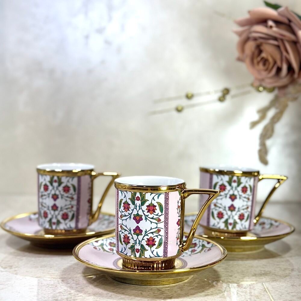 Ensemble de 6 Tasses et Sous-Tasses Antiques – Rose avec Motif Roses Rouges