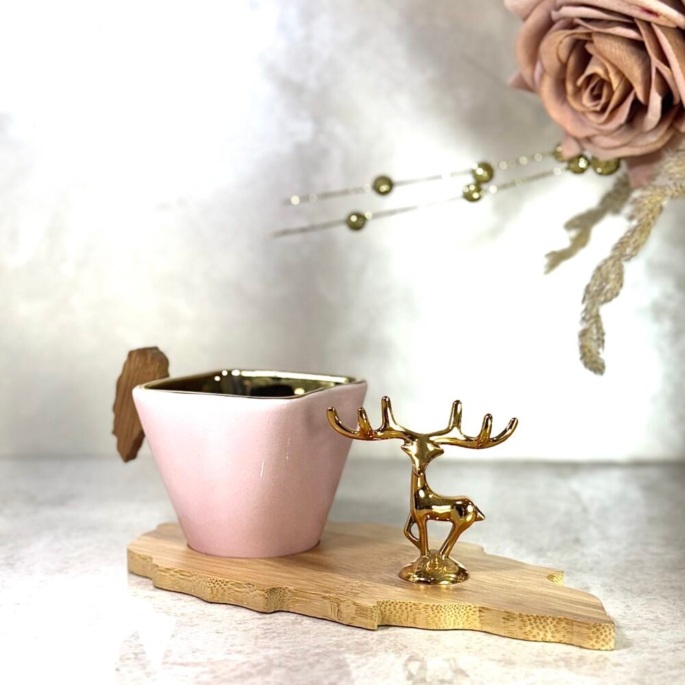 Ensemble de 6 Tasses de Café Gazelle Roses avec Sous-Tasses en Bambou – Élégance Naturelle