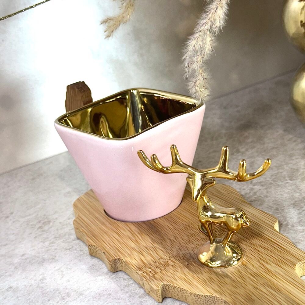 Ensemble de 6 Tasses de Café Gazelle Roses avec Sous-Tasses en Bambou – Élégance Naturelle