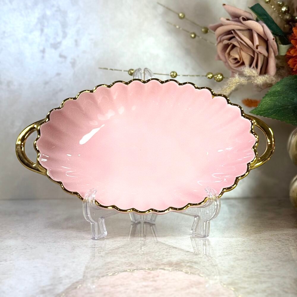 Bol Ovale de Présentation Rose avec Motifs Dorés et Poignées Élégantes