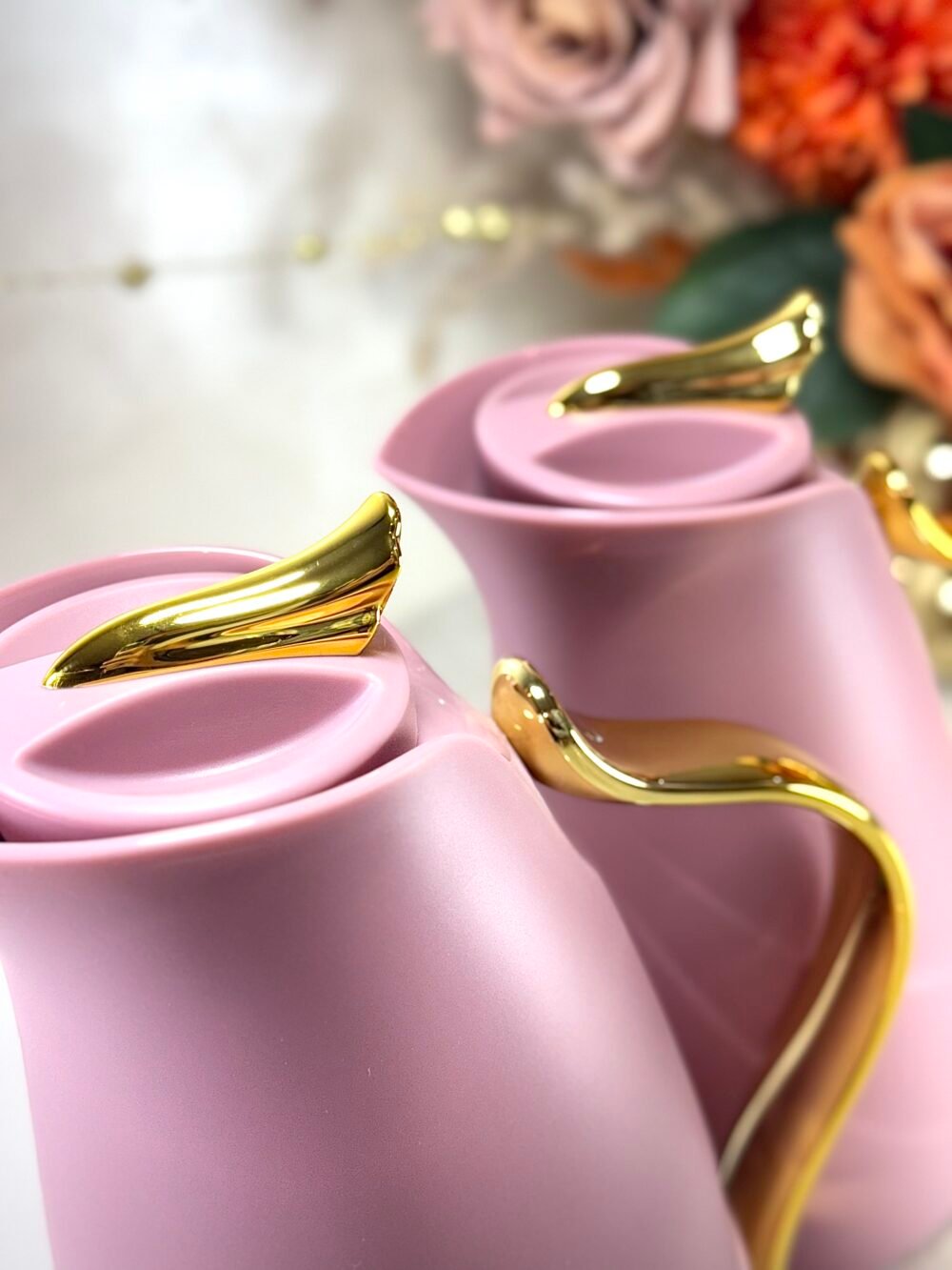 Ensemble de 2 Thermos Roses Élégants avec Motifs Dorés