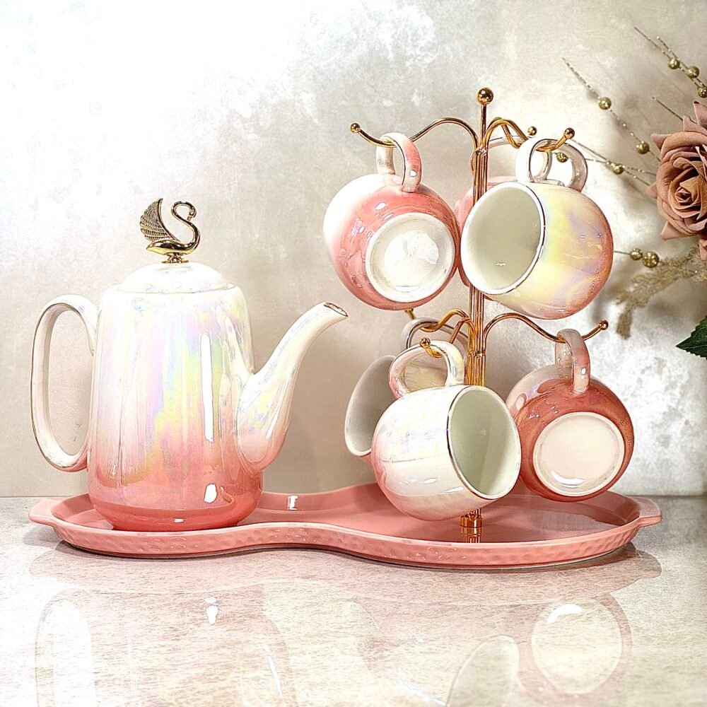 Ensemble Café Élégant Rose et Blanc avec Effet Nacré – 6 Tasses, Cafetière et Plateau Personnalisé