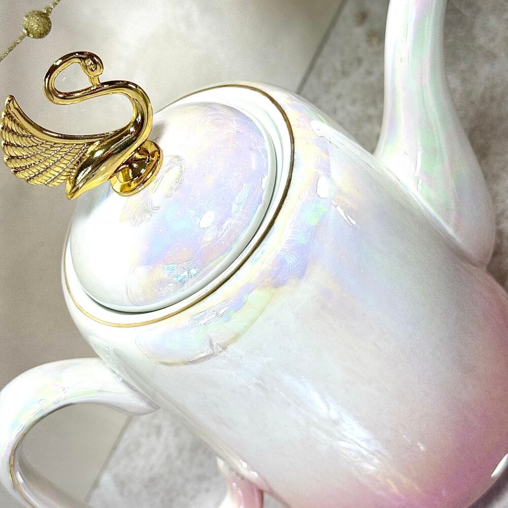 Ensemble Café Élégant Rose et Blanc avec Effet Nacré – 6 Tasses, Cafetière et Plateau Personnalisé