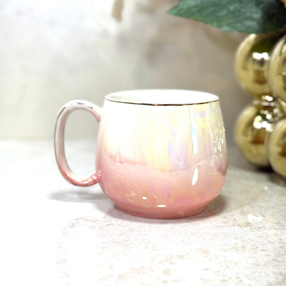 Ensemble Café Élégant Rose et Blanc avec Effet Nacré – 6 Tasses, Cafetière et Plateau Personnalisé