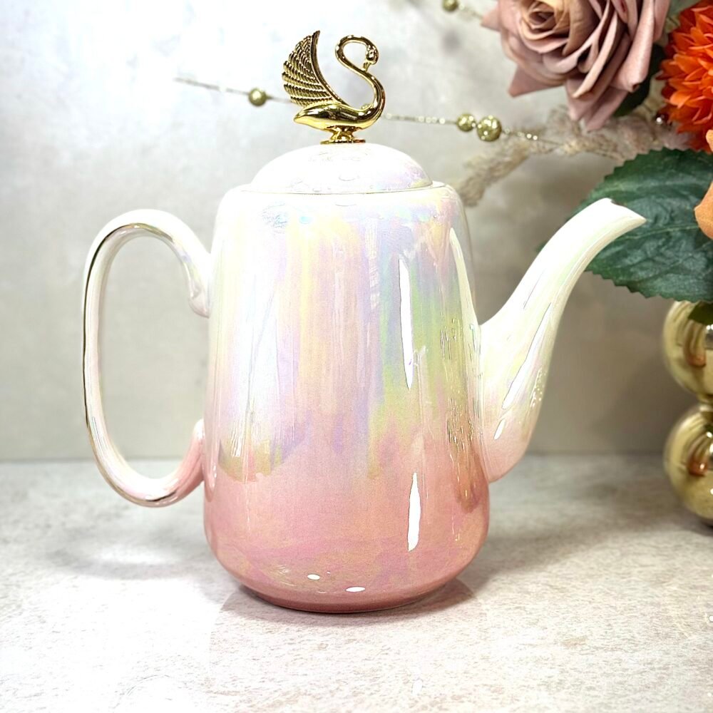 Ensemble Café Élégant Rose et Blanc avec Effet Nacré – 6 Tasses, Cafetière et Plateau Personnalisé