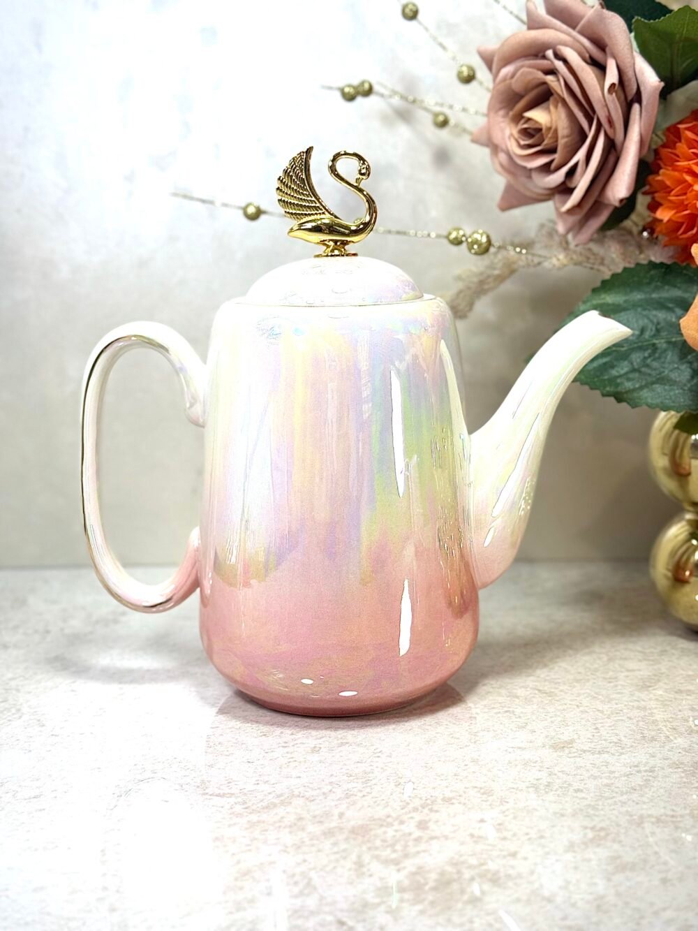 Ensemble Café Élégant Rose et Blanc avec Effet Nacré – 6 Tasses, Cafetière et Plateau Personnalisé
