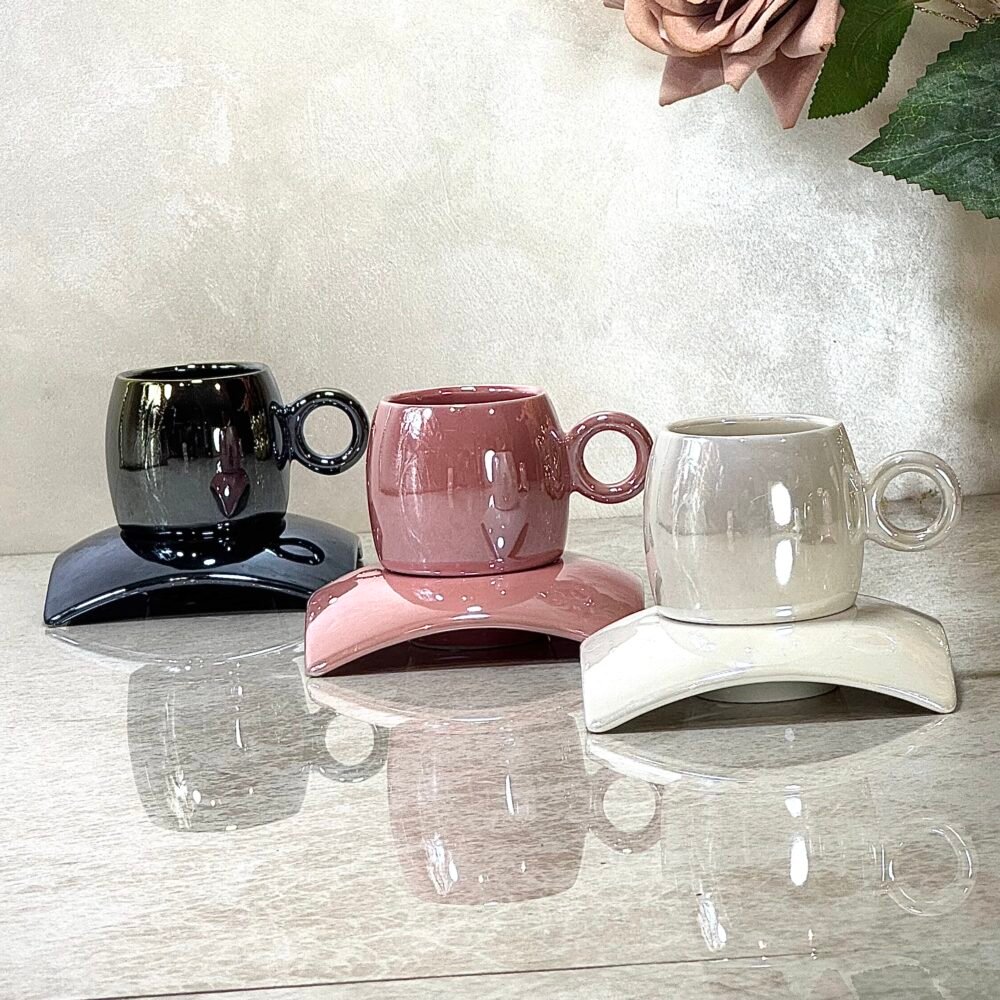 Ensemble de 6 Tasses à Café Effet Nacré en Rose, Blanc et Noir