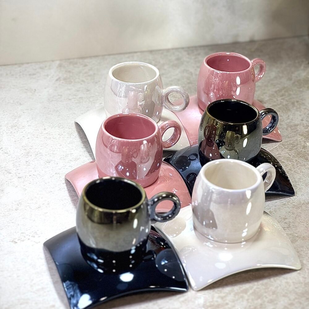 Ensemble de 6 Tasses à Café Effet Nacré en Rose, Blanc et Noir