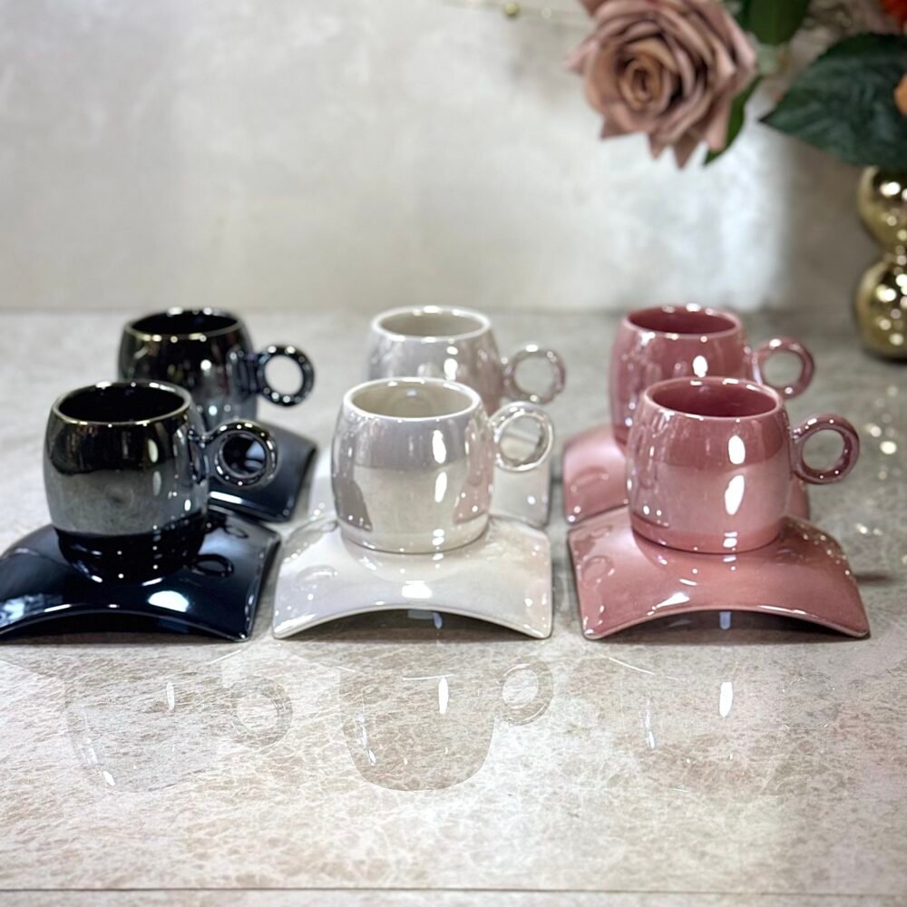 Ensemble de 6 Tasses à Café Effet Nacré en Rose, Blanc et Noir