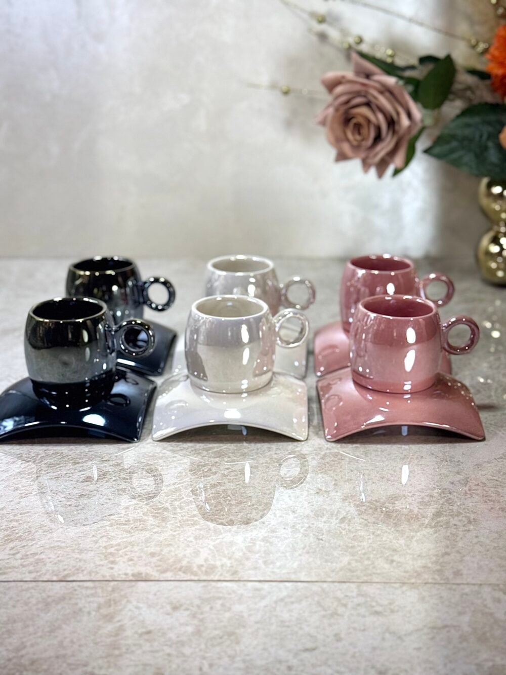 Ensemble de 6 Tasses à Café Effet Nacré en Rose, Blanc et Noir