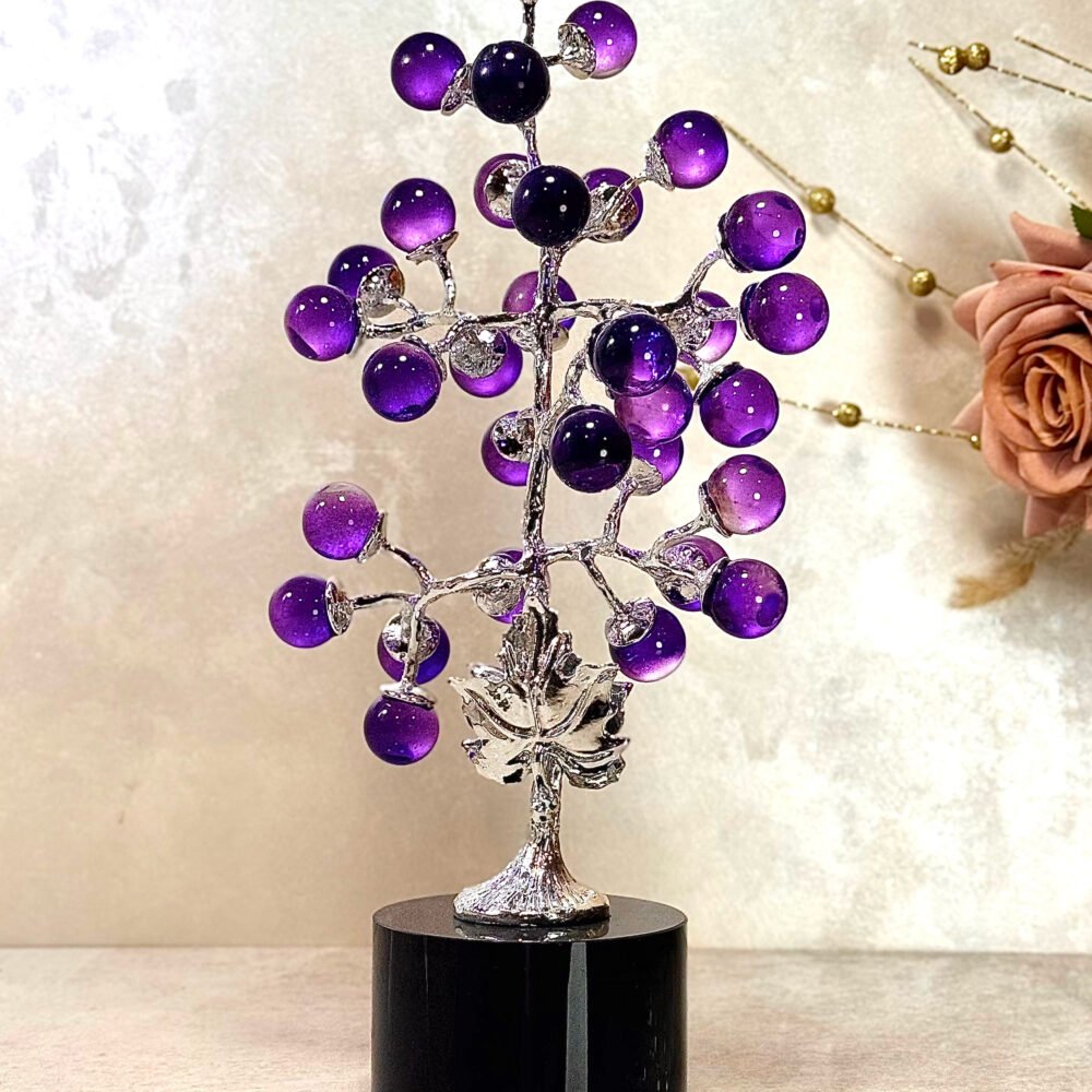 Arbre Décoratif en Métal et Verre – Boules Violettes Élégantes