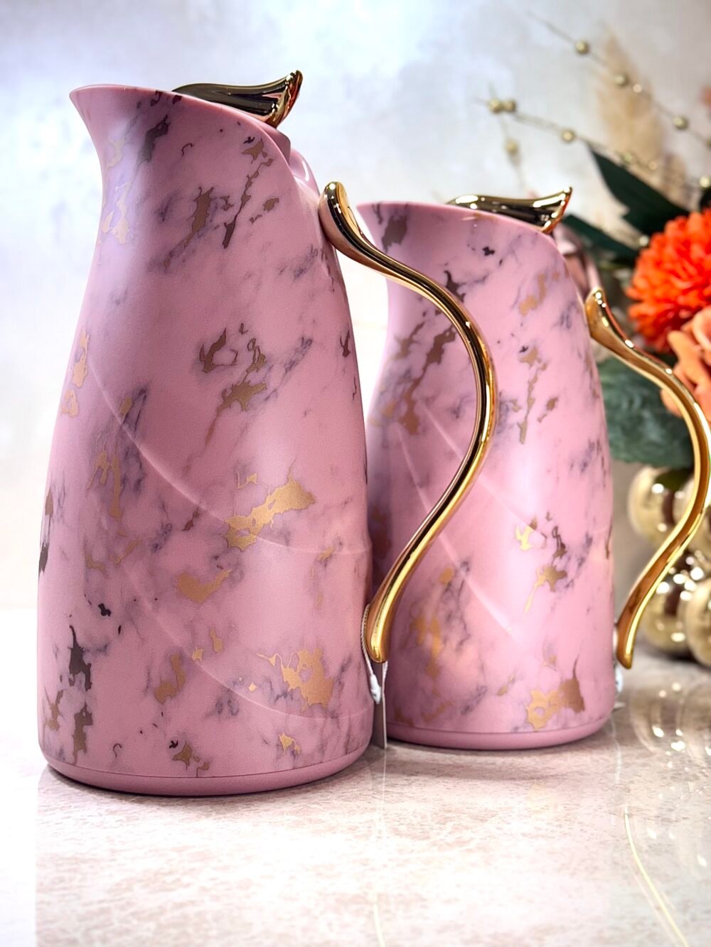 Ensemble de 2 Thermos Roses et Dorés à Motif Marbré
