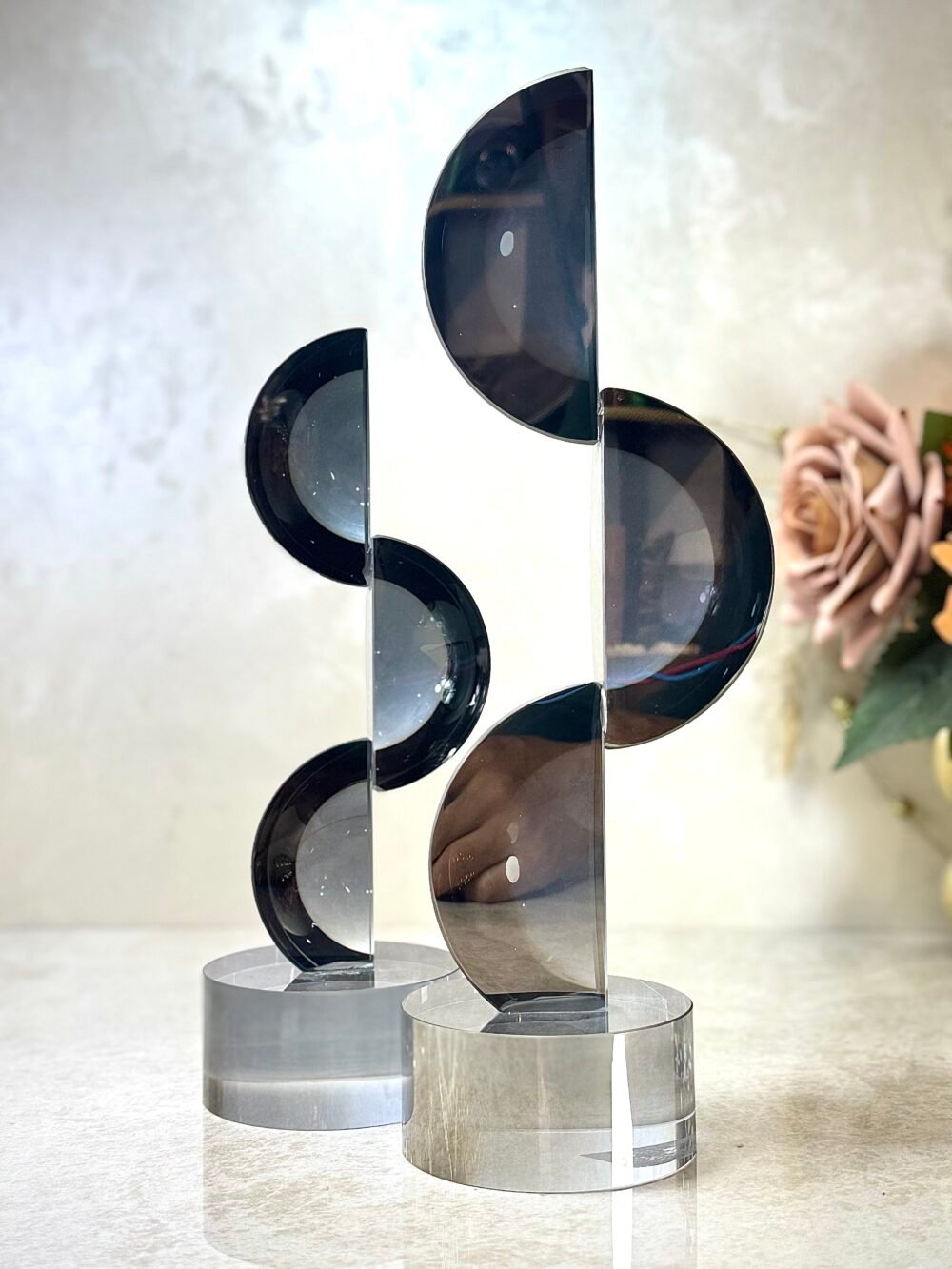 Ensemble de 2 décorations en Verre Gris – 3 Demi-Lunes Empilées