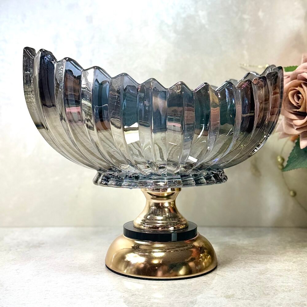 Grand Bol Décoratif Ovale en Verre Gris Texturé avec Base Noire et Dorée – Élégance Moderne pour Intérieur