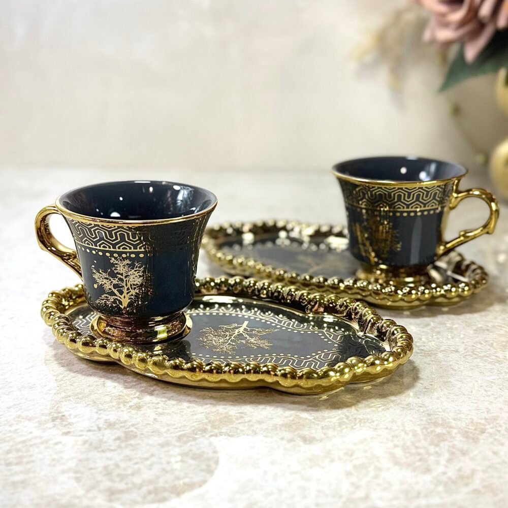 Ensemble de 6 Tasses à Café et Sous-Tasses Longues Gris et Doré – Style Antique Élégant