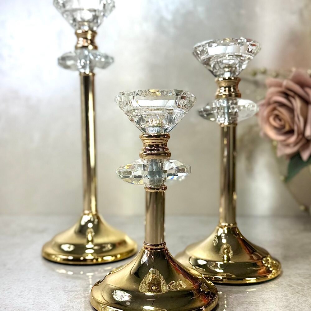 Ensemble de 3 Bougeoirs Élégants en Verre Transparent et Doré