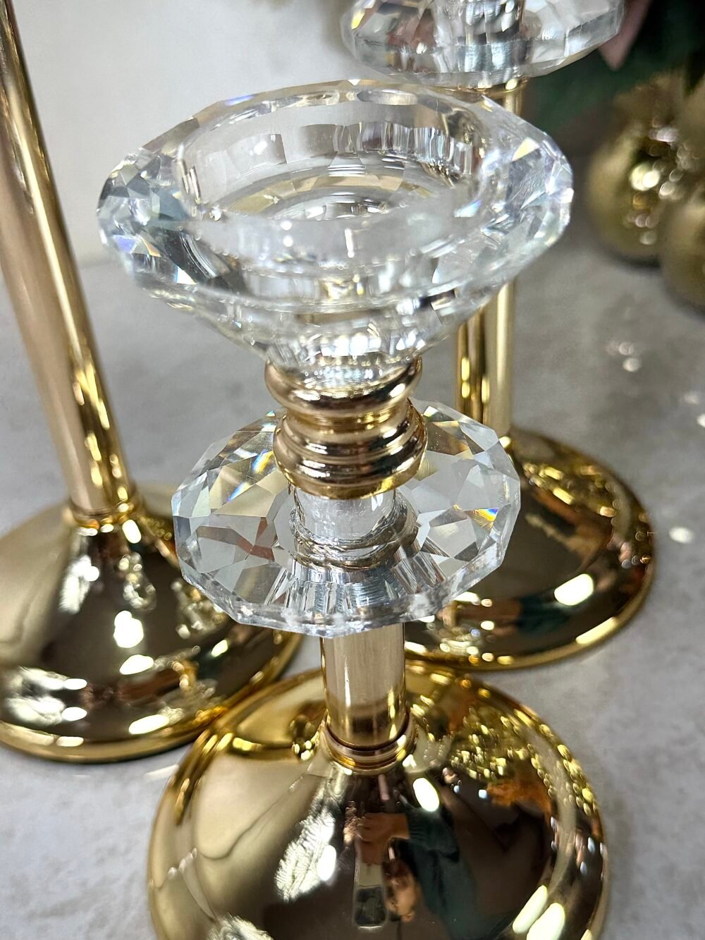 Ensemble de 3 Bougeoirs Élégants en Verre Transparent et Doré