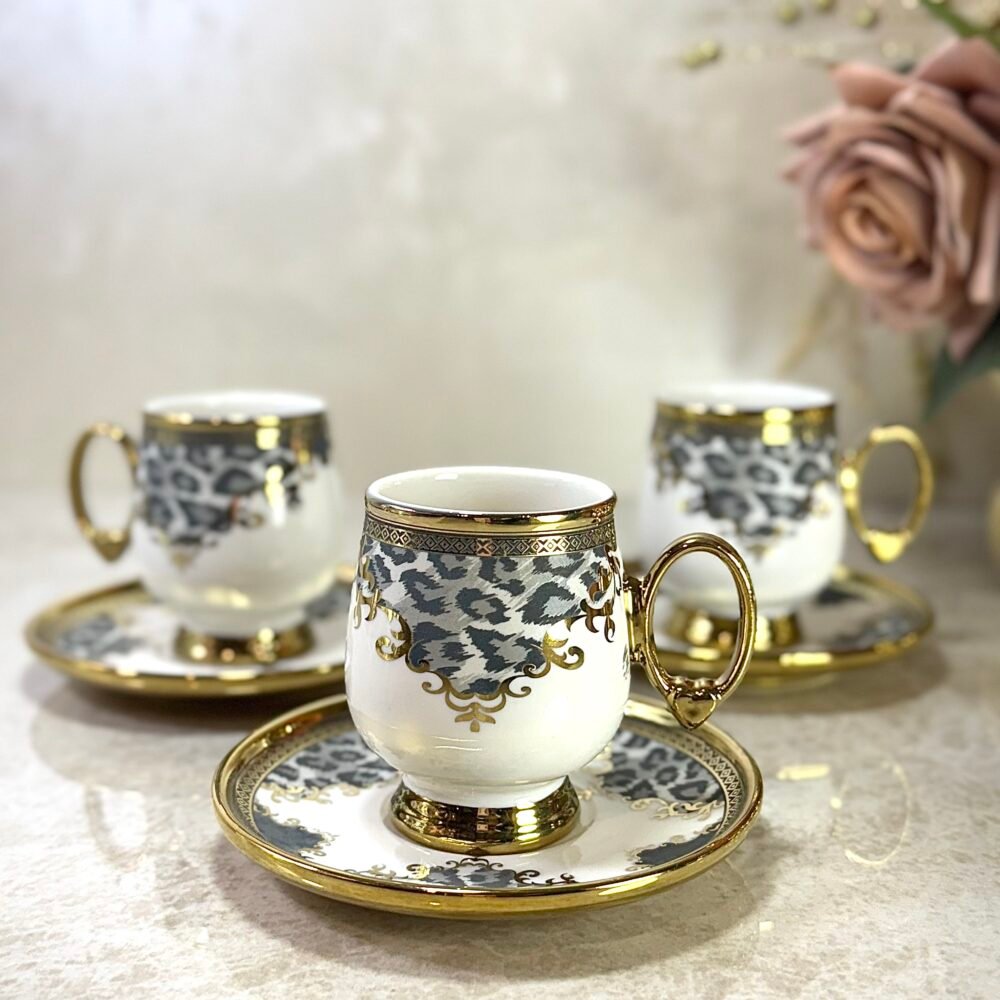 Ensemble de 6 Tasses à Café et Sous-Tasses Élégantes Motif Panthère Grise