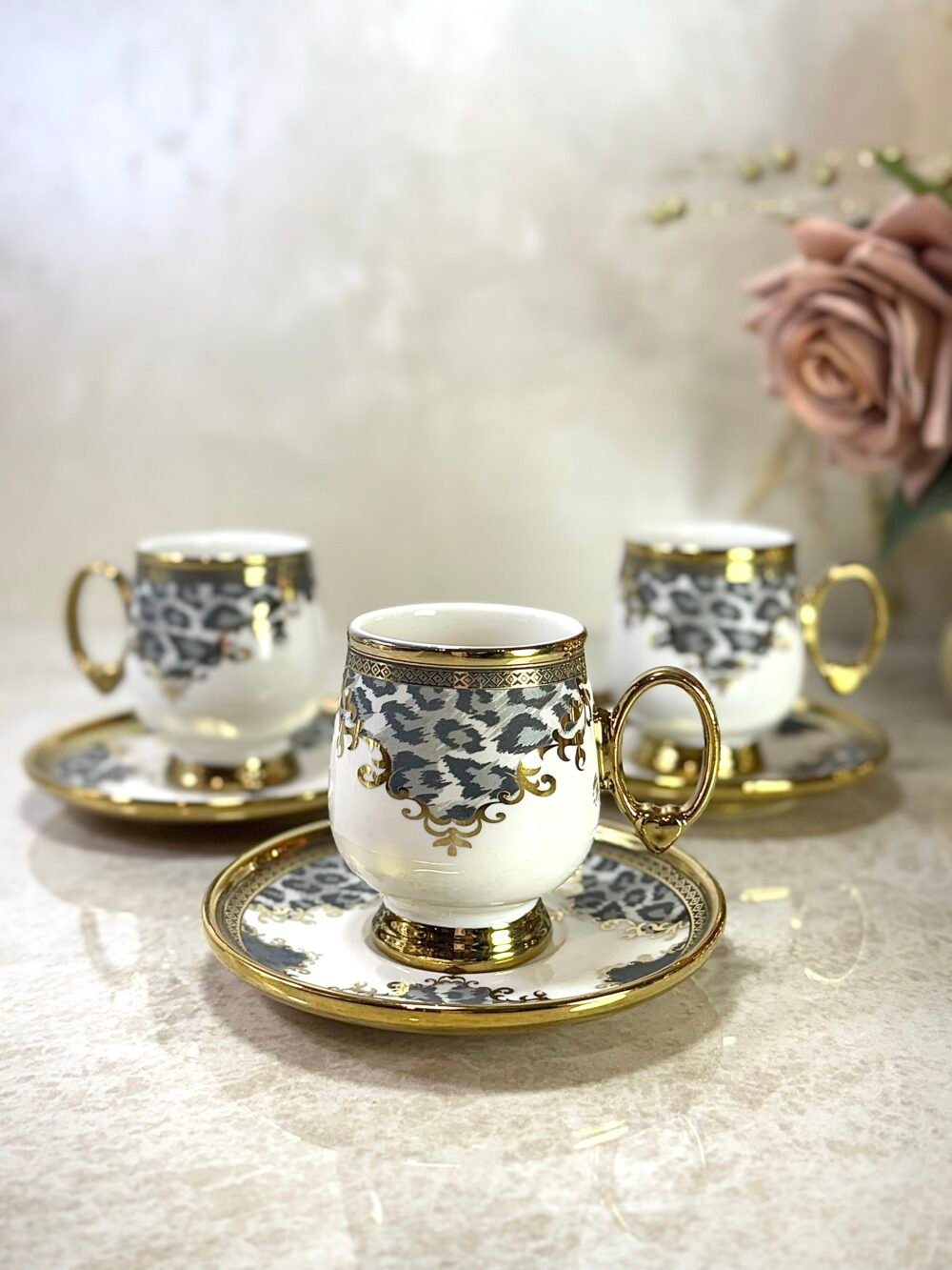 Ensemble de 6 Tasses à Café et Sous-Tasses Élégantes Motif Panthère Grise