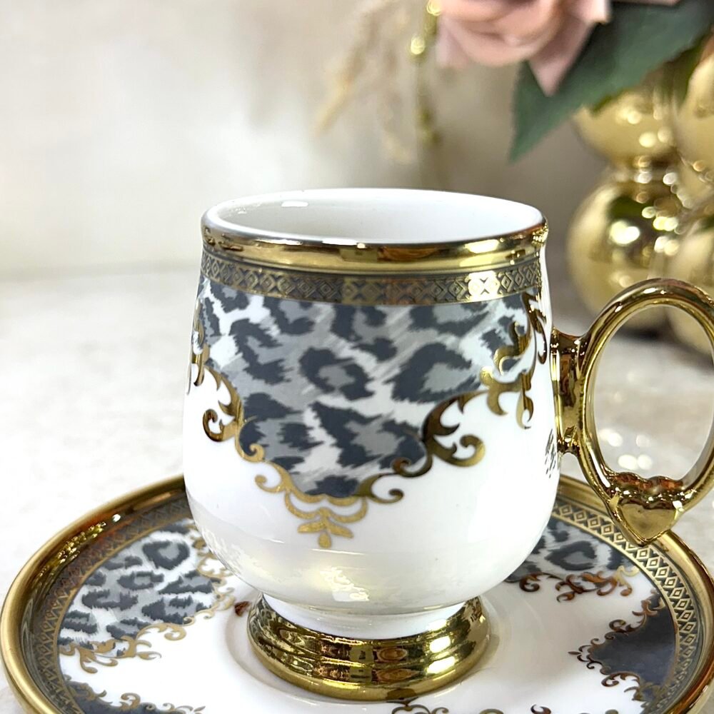 Ensemble de 6 Tasses à Café et Sous-Tasses Élégantes Motif Panthère Grise
