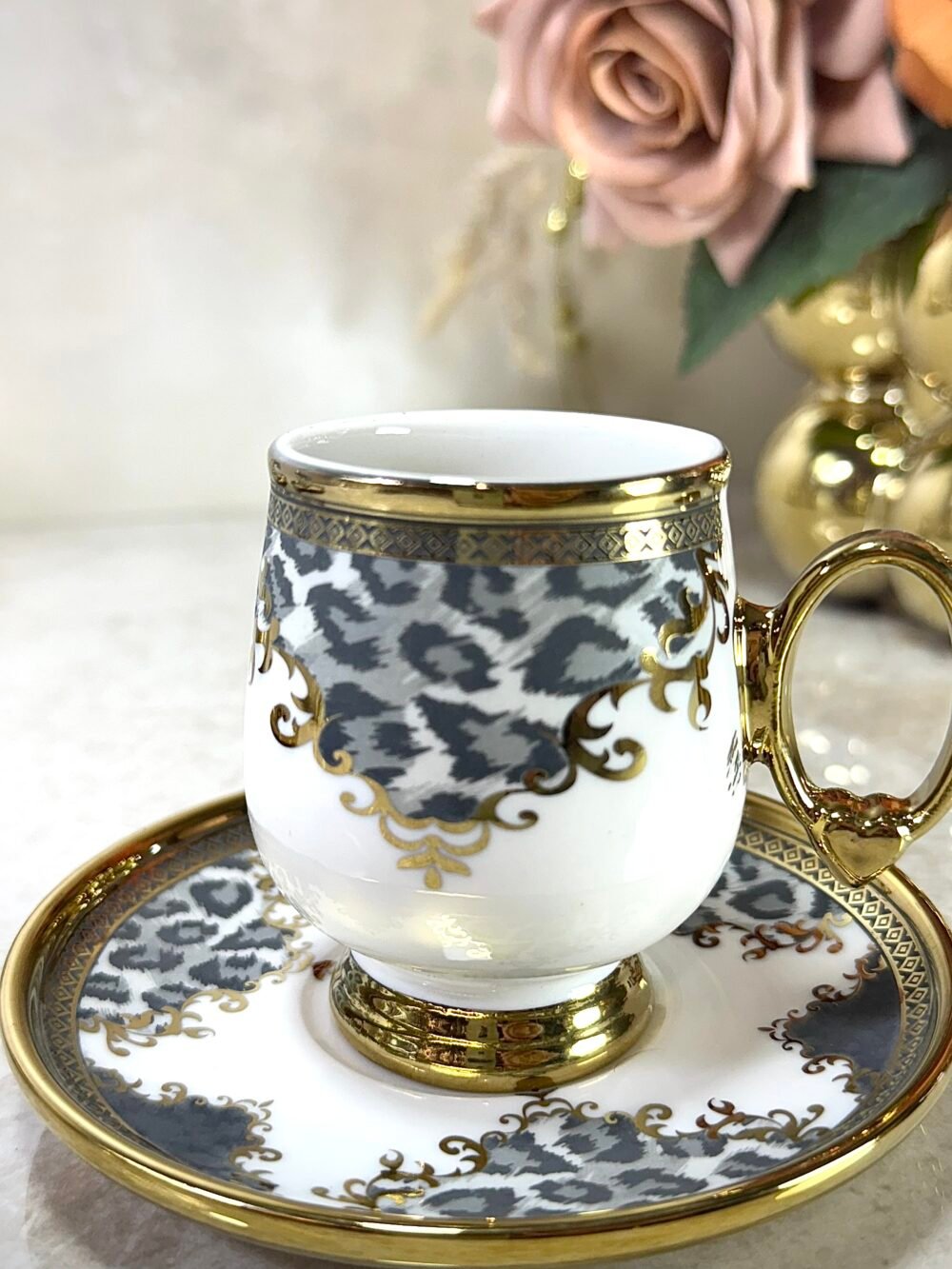 Ensemble de 6 Tasses à Café et Sous-Tasses Élégantes Motif Panthère Grise