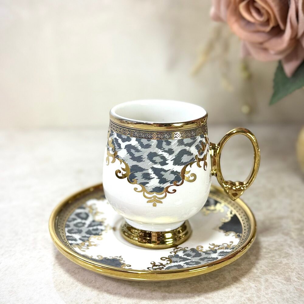 Ensemble de 6 Tasses à Café et Sous-Tasses Élégantes Motif Panthère Grise