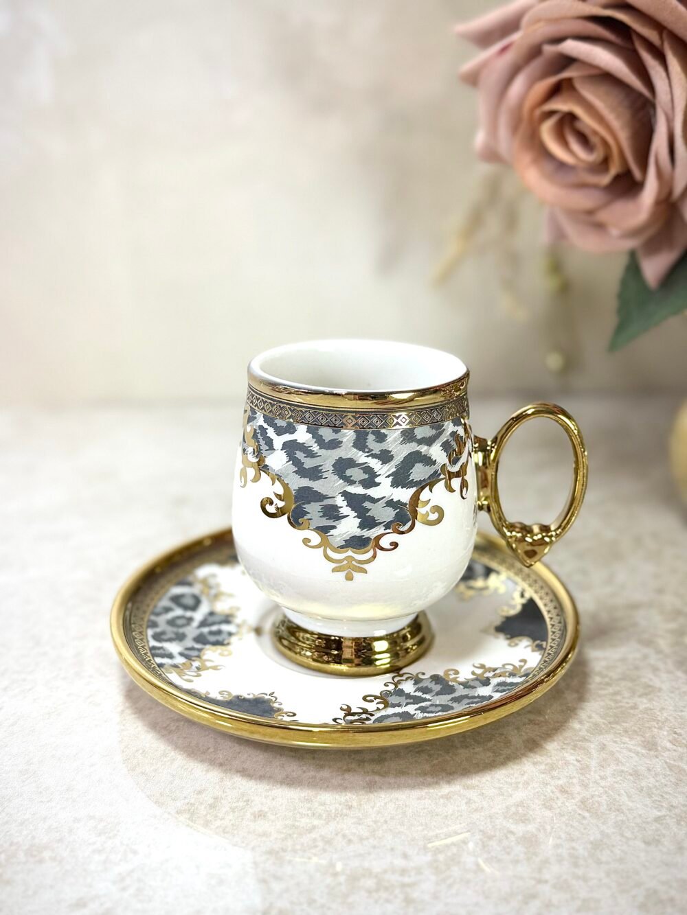 Ensemble de 6 Tasses à Café et Sous-Tasses Élégantes Motif Panthère Grise