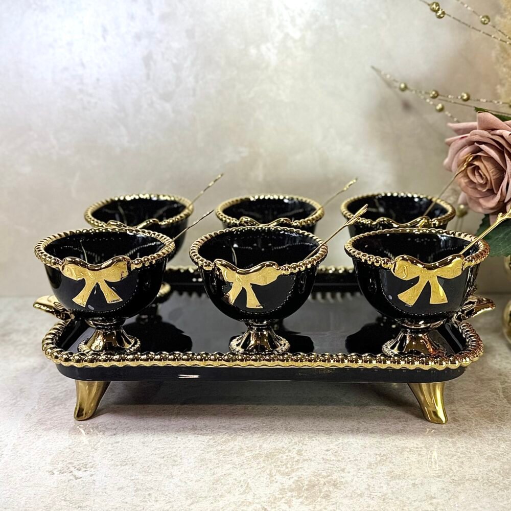 Ensemble de 6 Coupes à Glace avec Cuillères sur Plateau Noir et Doré