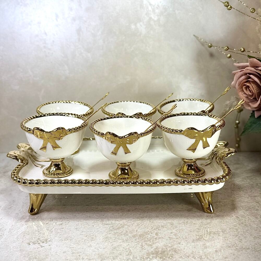 Ensemble de 6 Coupes à Glace avec Cuillères sur Plateau Blanc et Doré
