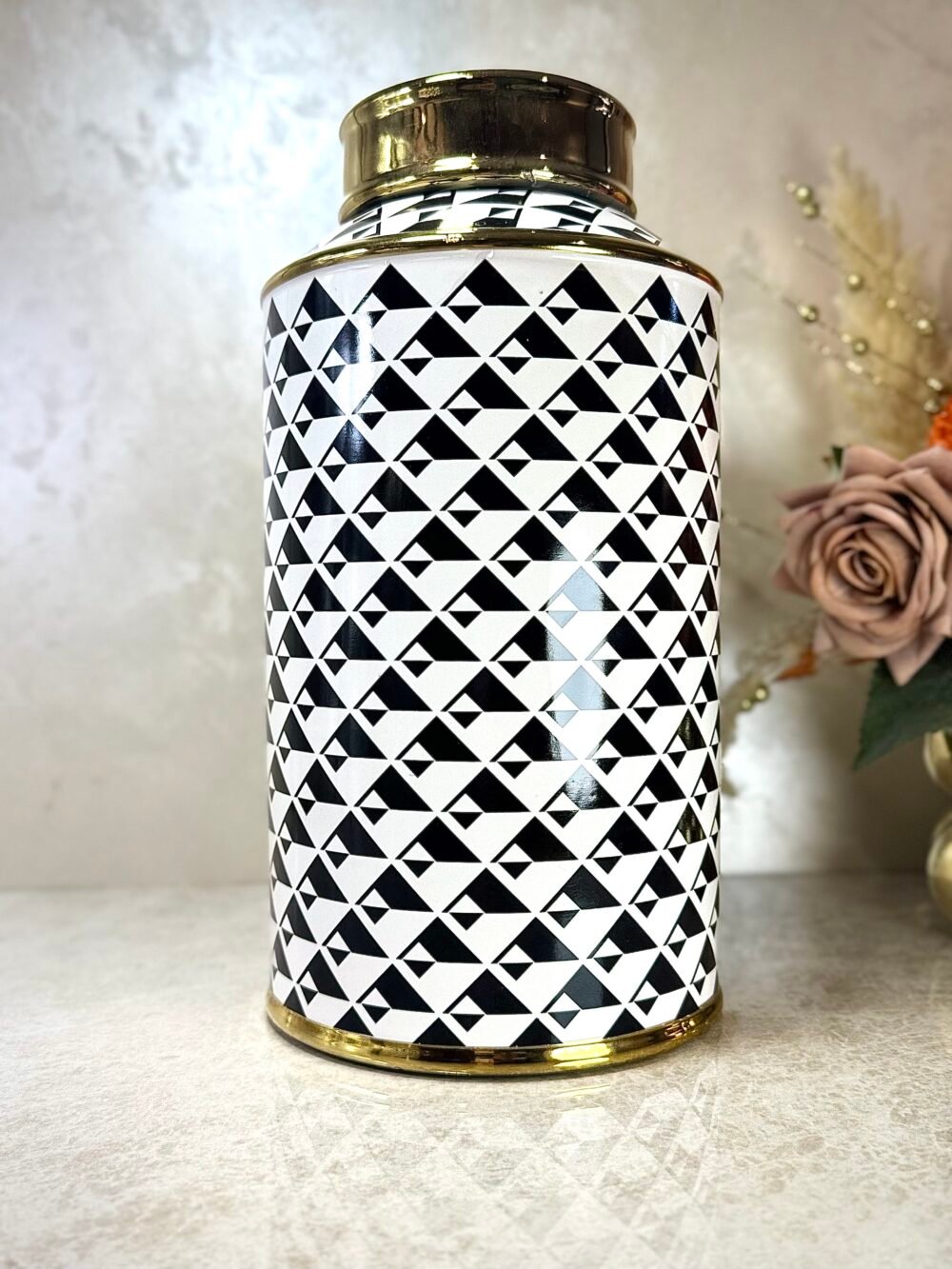 Ensemble de 2 Bocaux Cylindriques Décoratifs à Motif Triangle Blanc et Noir