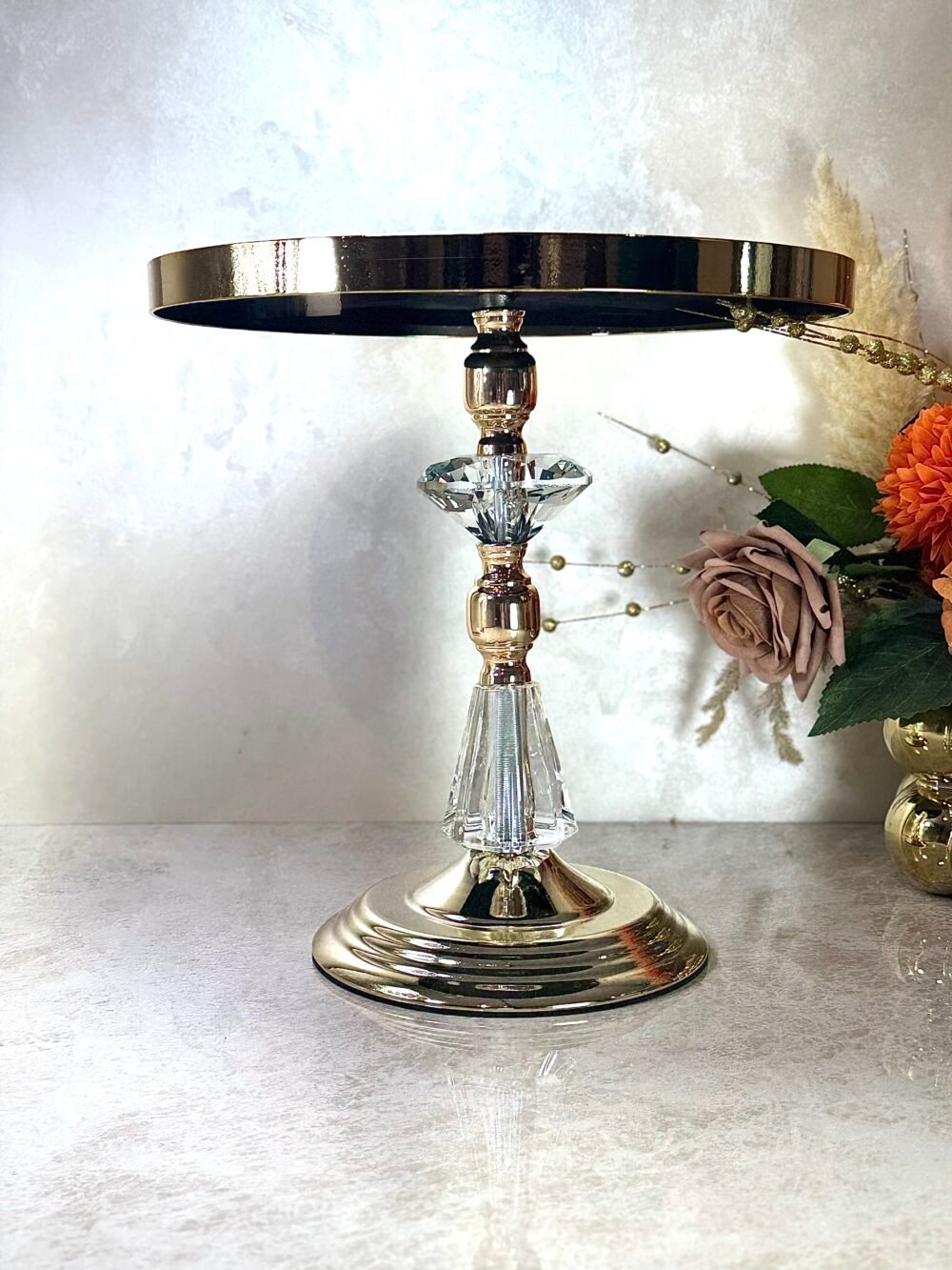 Ensemble de 3 Présentoirs Miroirs Surélevés – Cristal et Doré, Design Élégant