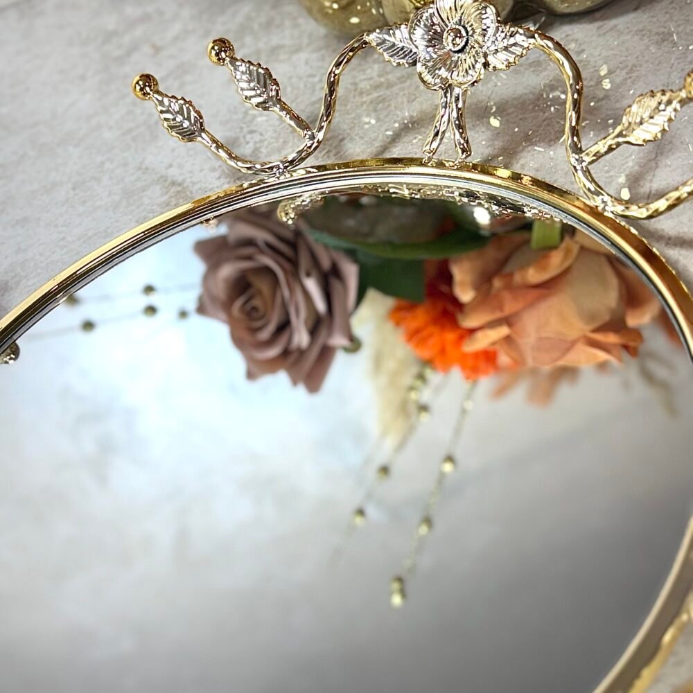 Ensemble de 2 Plateaux Miroirs Ronds Olive – Décor Élégant en Forme de Branche Dorée
