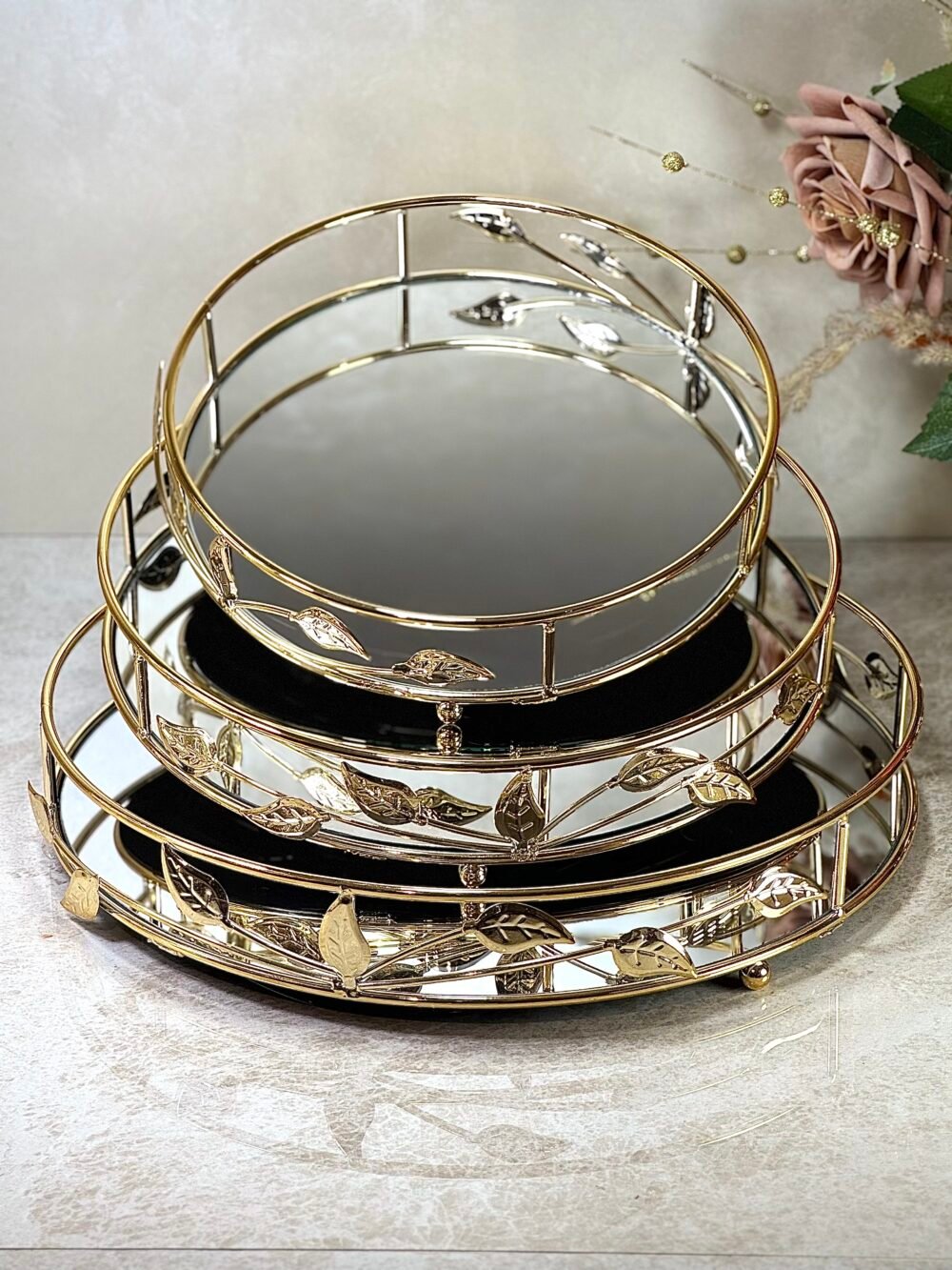 Ensemble de 3 Plateaux Miroirs Ronds Élégants – Décor Branches Dorées en Métal