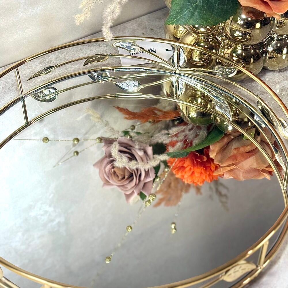 Ensemble de 3 Plateaux Miroirs Ronds Élégants – Décor Branches Dorées en Métal