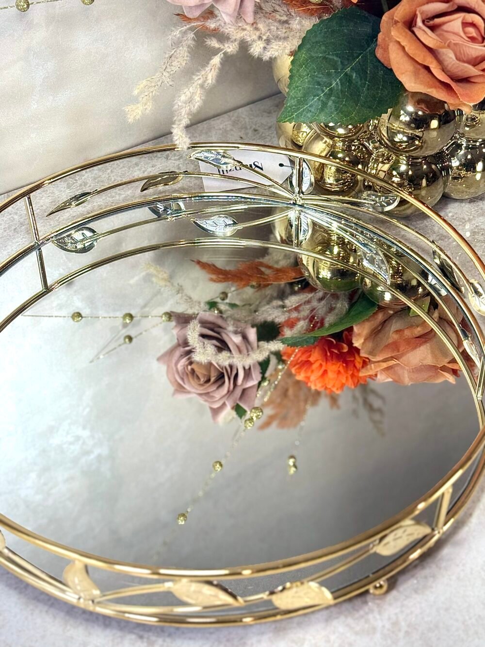 Ensemble de 3 Plateaux Miroirs Ronds Élégants – Décor Branches Dorées en Métal