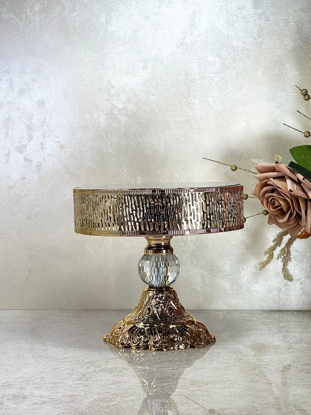 Ensemble de 3 Présentoirs Miroirs Surélevés – Style Traditionnel en Cristal et Doré