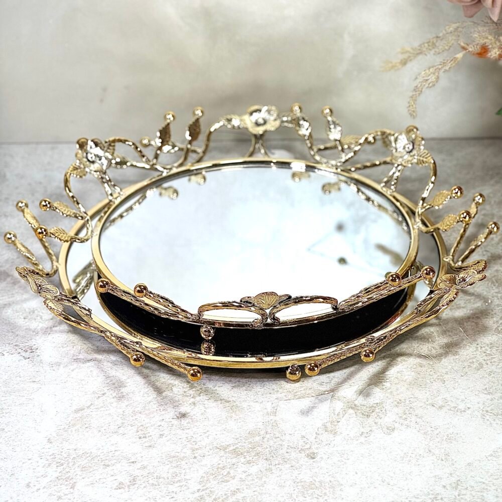 Ensemble de 2 Plateaux Miroirs Ronds Olive – Décor Élégant en Forme de Branche Dorée