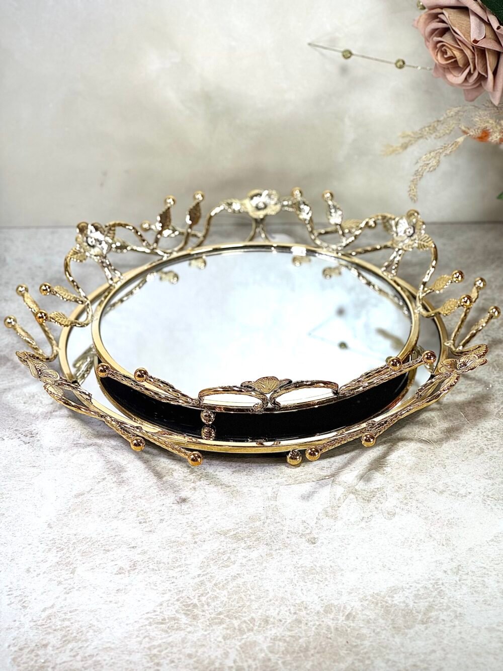 Ensemble de 2 Plateaux Miroirs Ronds Olive – Décor Élégant en Forme de Branche Dorée