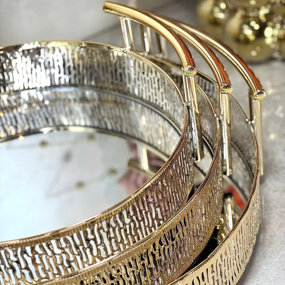 Ensemble de 3 Plateaux Miroirs Élégants avec Poignées – Structure Métal Doré