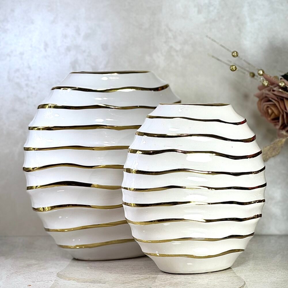 Ensemble de 2 Vases Galet Blanc et Doré